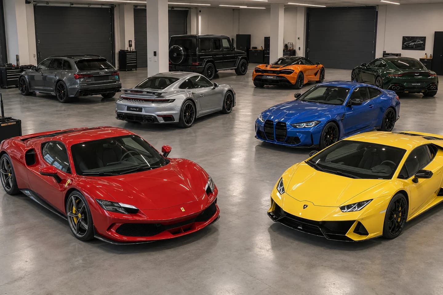 A selection of sports cars together in a garage