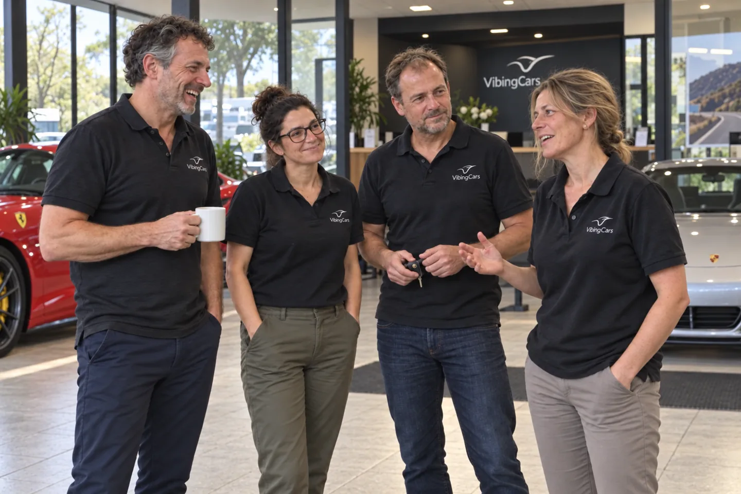 Group portrait in a car showroom