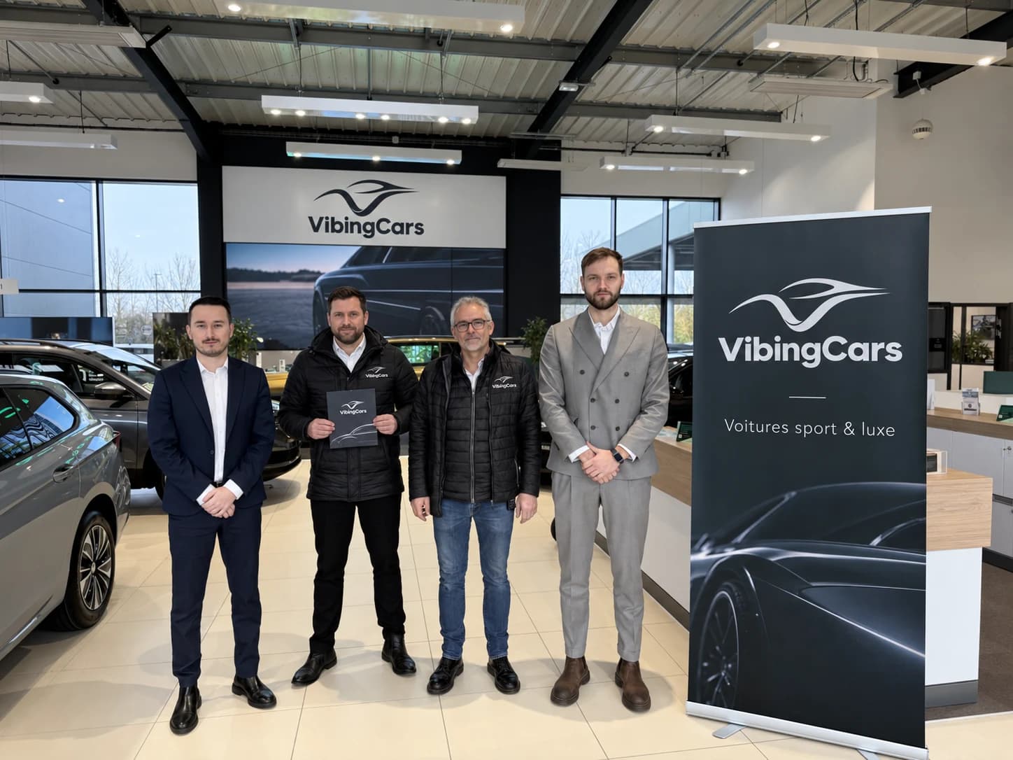 Group portrait in a showroom with VibingCars branding