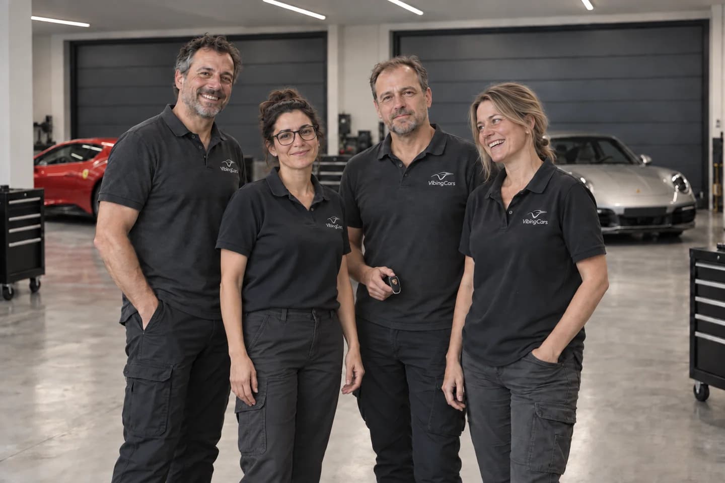 Group portrait in a garage